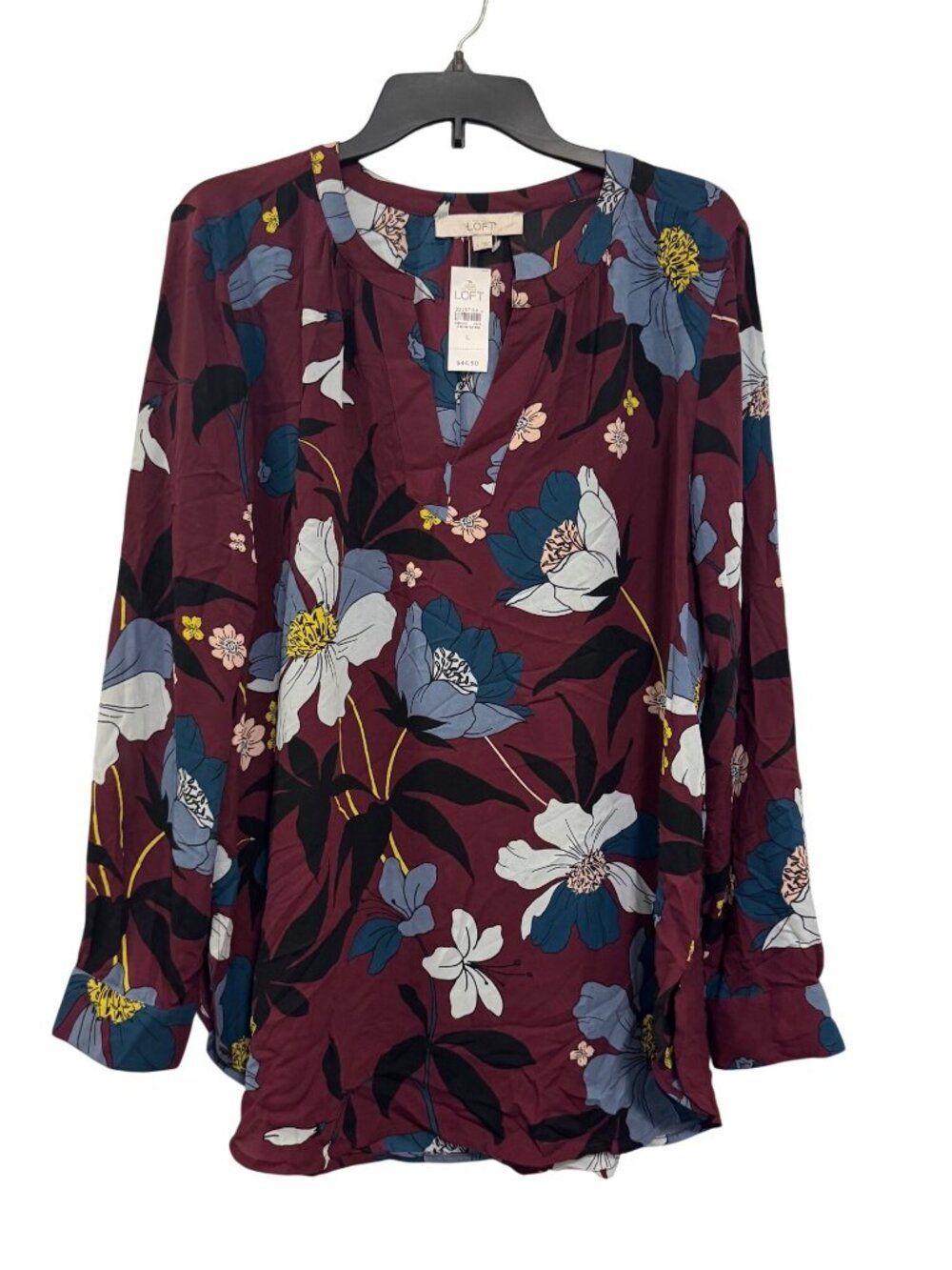 Ann Taylor Loft Burgundy Floral Blouse Womens Size L Long Sleeve New